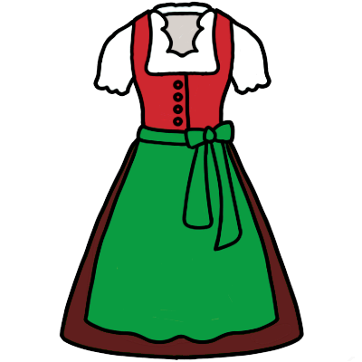 a Tracht-style (as opposed to tourist-style) Dirndl. It has a short-sleeved white blouse with scalloped edges, a red buttoned vest, a green apron tied at the left, and a dark red skirt.